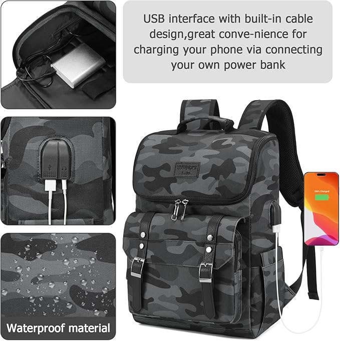 YALUNDISI Vintage Backpack Travel Laptop Backpack with usb Charging Port for Women & Men College Backpack Fits 15.6 Inch Laptop Camouflage Gray