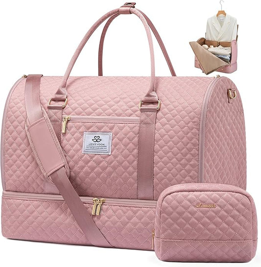 LOVEVOOK Convertible Garment Bag for Travel with Shoe Pouch, Carry On Garment Duffel Bag with Toiletry Bag, 2 in 1 Hanging Suitcase Suit Bag, Waterproof Weekender Bag for Women Travel, Wedding, Pink