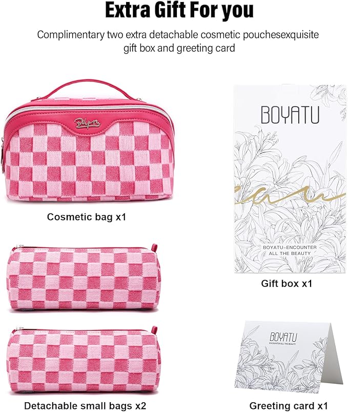 BOYATU Travel Makeup Bag for Women: Large Cosmetic Bag Set of 3 - PU Leather Make up Bag with Compartments - Compact Waterproof Toiletry Bag with Divider & Handle (D-4-Red)