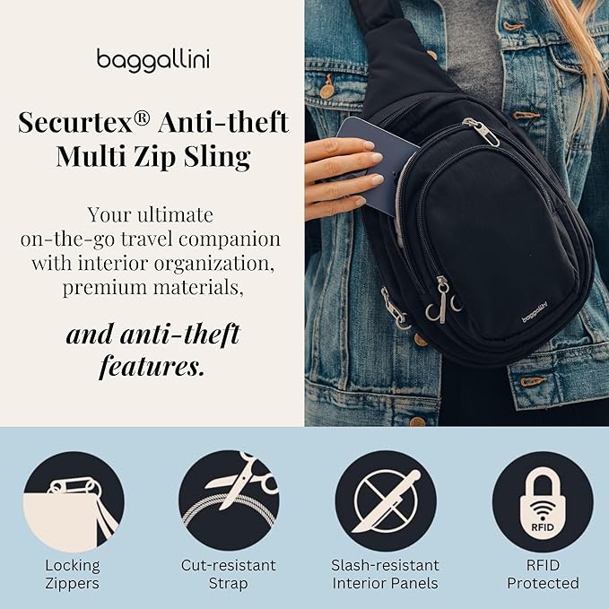 Baggallini Securtex® Anti-Theft Multi Zip Sling - Lightweight 8.6"x15.2" Travel Bag with Locking Zippers & RFID Protection