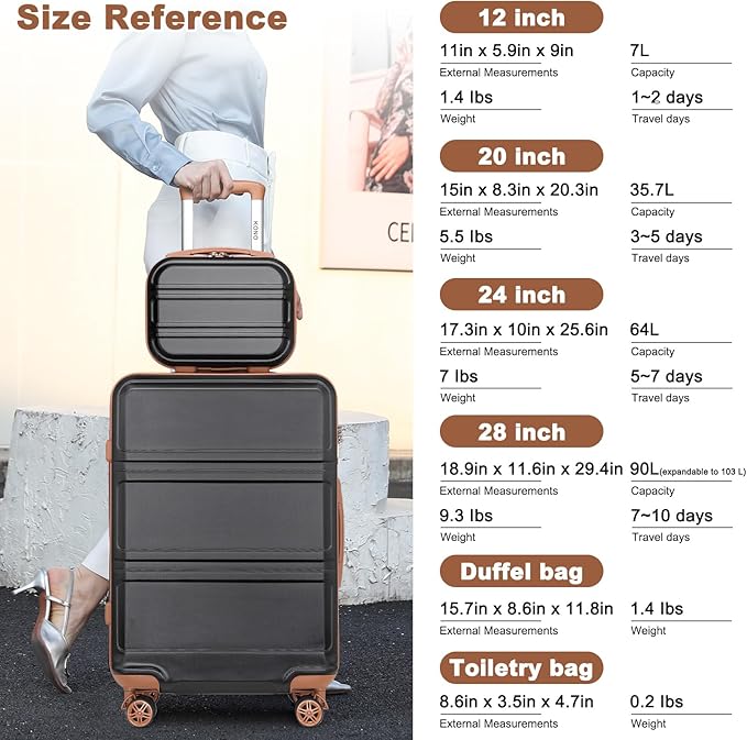 Kono Suitcase Set 3 Piece Luggage Set Expandable(only 28") PC+ABS Carry On Hardside Luggage with TSA Lock Spinner Wheels (Apricot Black, 6 piece set)