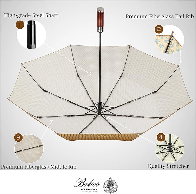 Balios (Designed in UK) Travel Umbrella Luxurious Golden Hardwood Handle Auto Open & Close Windproof Frame Single Canopy Automatic Folding Umbrella Men's & Ladies