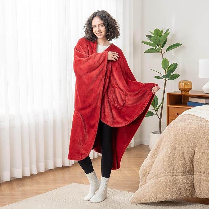 Berkshire Blanket Primalush™ Wearable Blanket, Cozy Loungewear Pocketed Plush Cape Wrap for Adults & Teens(Chili, One Size 58"X64")