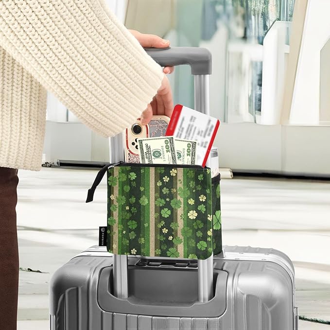 Luggage Cup Holder for Suitcases Free Hands Travel Cup Holder Portable Suitcase Cup Drink Holder Luggage Cup Caddy Bag Carrier Green Stripes Clovers
