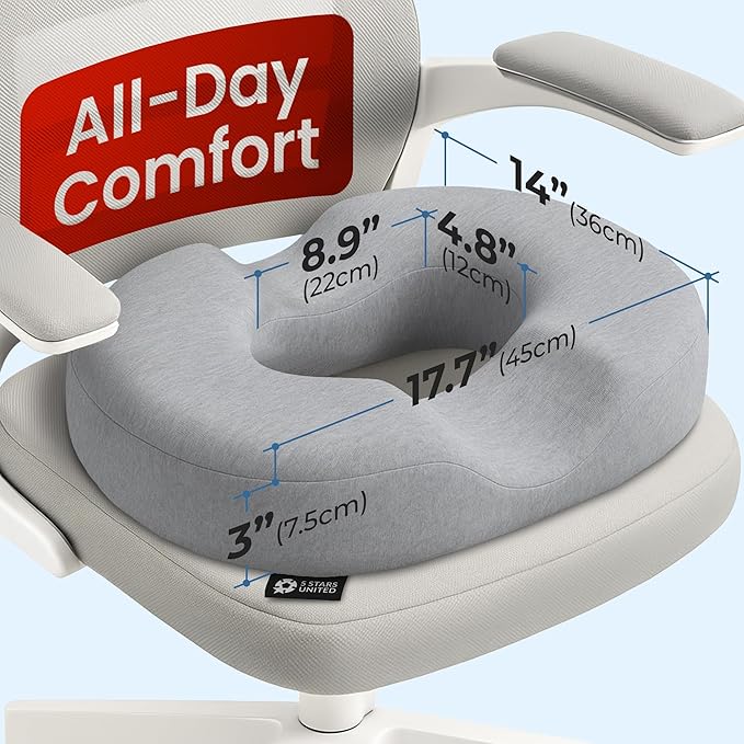 5 STARS UNITED Donut Pillow Hemorrhoid Tailbone Cushion – Large Floor Cushion for Pain Relief – Coccyx, Prostate, Sciatica, Pelvic Floor, Pressure Sores, Pregnancy, Postpartum Recovery, Gray