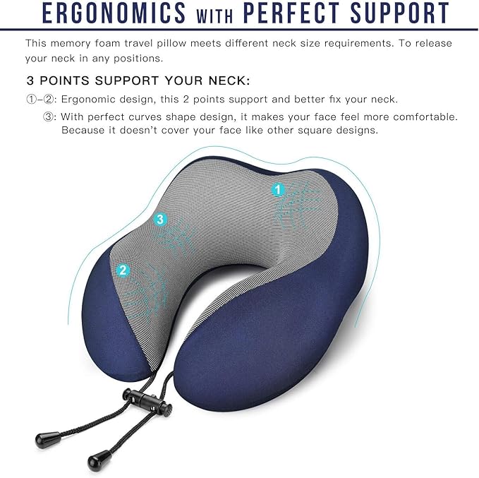 MLVOC Neck Pillow for Traveling, Upgraded 100% Pure Memory Foam Travel Neck Pillow for Airplane Flight Sleep, Breathable & Machine Washable Cover, Travel Kit with 3D Eye Mask, Earplugs & Bag, Blue
