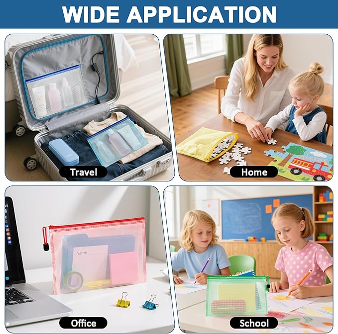 Mesh Zipper Pouch Bags - 5 Pack Waterproof Zipper Bags 6.8x9.4 Inch A5 Clear Mesh Storage Pouches Assorted Colors for Home, Office, School, Travel, Puzzles, Cosmetic, Accessories