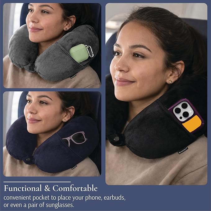Brookstone Microbead Travel Head and Neck Pillow Lightweight and Plush with Phone or Headphone Pocket, Black