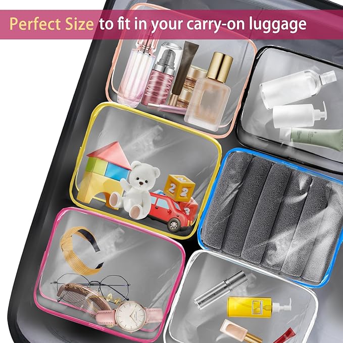 6 Pack Toiletry Bag Makeup Bag Cosmetic Bag, TSA Approved Clear Travel Toiletry Bag wih Zippers, Quart Size Travel Makeup Cosmetic Bag for Women Men, Carry on Airport Airline Compliant Bag, 6 Colors