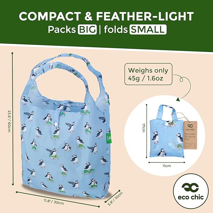 ECO CHIC Foldable Reusable Grocery Bags - Lightweight, Recycled & Reusable Shopping Bag - Waterproof Packable Tote