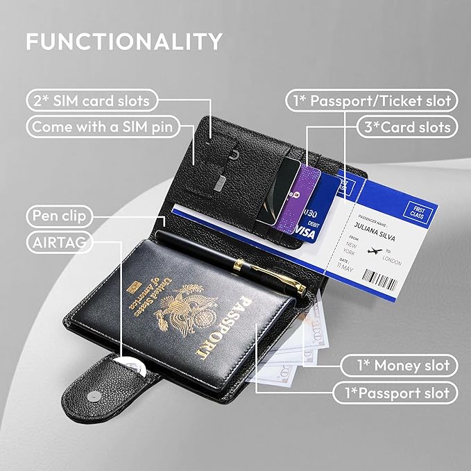 Passport Holder for Travel RFID Passport Holder with Airtag Compact Leather Passport Cover Case with Card Holders SIM Slots Passport Wallet for Women Men Airport Essentials Gift
