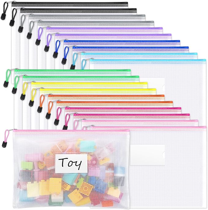 Sooez 20 Pack Mesh Zipper Pouch Bags, A4 Letter Size, Zipper Bags with Label Pocket, Waterproof Pouches for Classroom Organizer, Board Game Toy Storage, Document Bag for Teacher School Office Supplies
