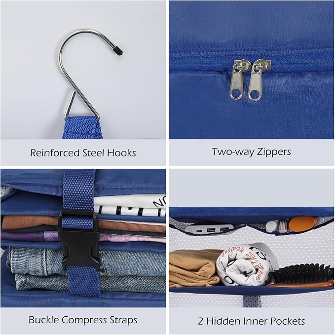 Surblue Hanging Closet Storage Bag Collapsible 3-Shelf Washable Oxford Fabric with 2 Hooks (XL 17.71 * 11.81 * 20in, Blue)