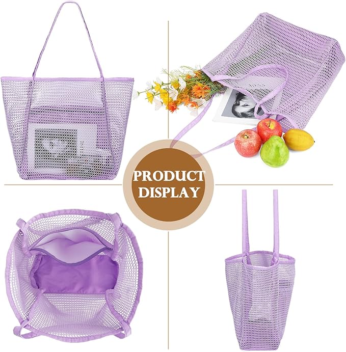 Fammart Mesh Beach Bag, Large Beach Tote with Zipper Pocket, Toys Pool Bag for Family Travel Vacation Cruise Essentials