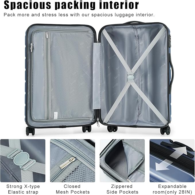Coolife Luggage 3 Piece Set Suitcase Spinner ABS+PC Hardshell Lightweight TSA Lock USB Port, 20in 24in 28in Carry on Expandable (only 28’’), Ice Blue