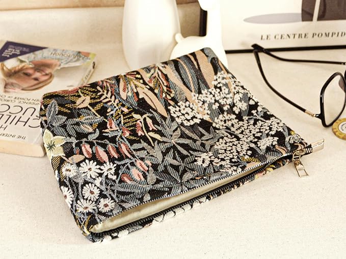 HAPPYHEIDI Cute Floral Makeup Bag Cosmetic Travel Pouch with Bottom and Zipper, Purse Make Up Organizer, Aesthetic Textured Fabric, Large