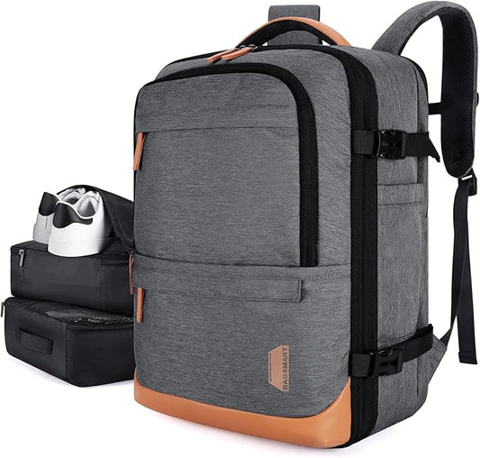 BAGSMART 37L Compression Travel Backpack, Expandable Carry On Backpack with Packing Cubes, Water Resistant Weekender Backpack Fits 17 Inch laptop, Luggage Daypack with Shoe Bag, Grey