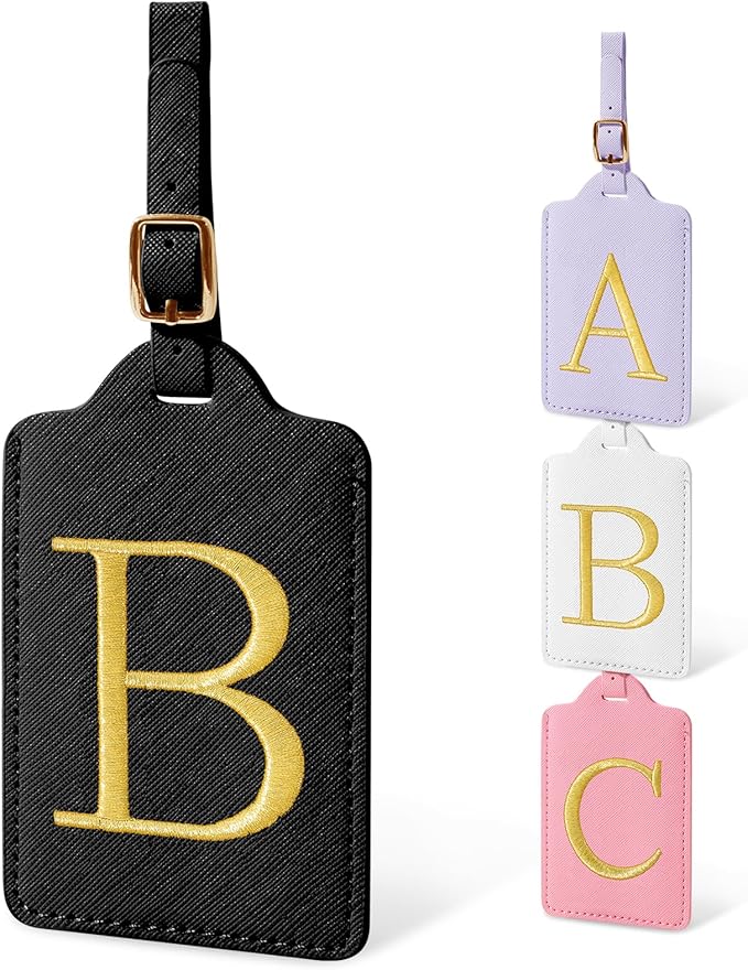 Initial Luggage Tags for Suitcases, Cute Embroidered Letter Luggage Bag Suitcase Identifier Name Baggage Tag, PU Leather Travel Luggage Tags, Bag Tags for Men Women Kids Luggage Handbags(Black B)