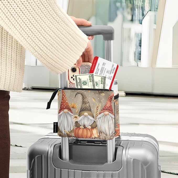 Pumpkin Gnomes Maple Leaf Luggage Cup Holder Travel Portable Free Hand Drink Carrier Suitcase Drinks Beverage Holder Carry-On Bottle Mug Holder Organizer Bag Travelers Accessories