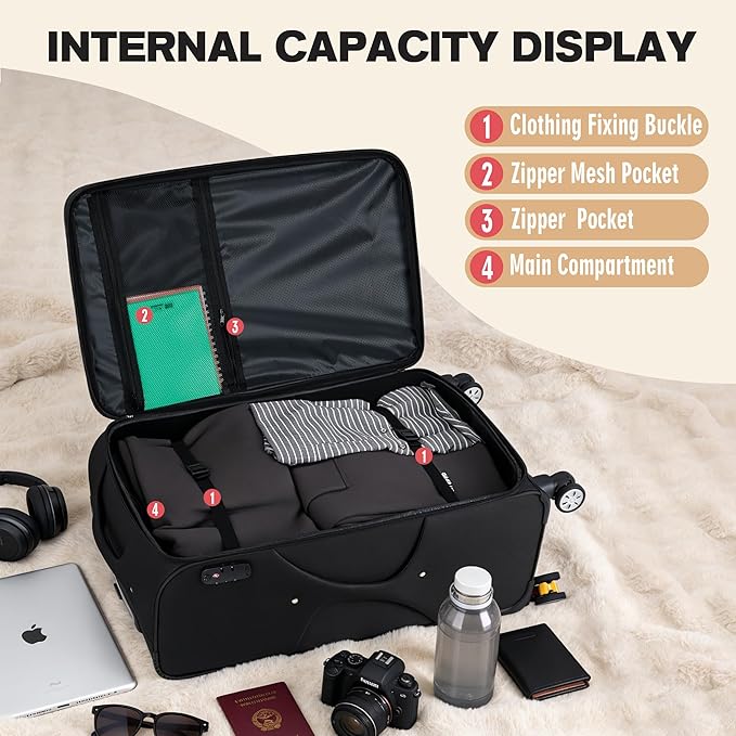 VJI Softside Expandable Checked Luggage with Spinner Wheels, Lightweight Fabric Suitcase with TSA Lock, Smooth Rolling Travel Luggage for Business and Vacation, 25 Inch