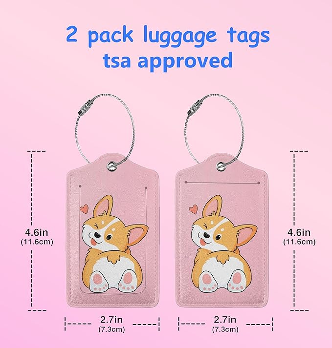 2P Light Pink Cute Corgi Cartoon Animal Dog Pet Luggage Tags Privacy Cover ID Label with Stainless Steel Loop and Address Card for Travel Bag Suitcase Funny Cute Man Women Kids