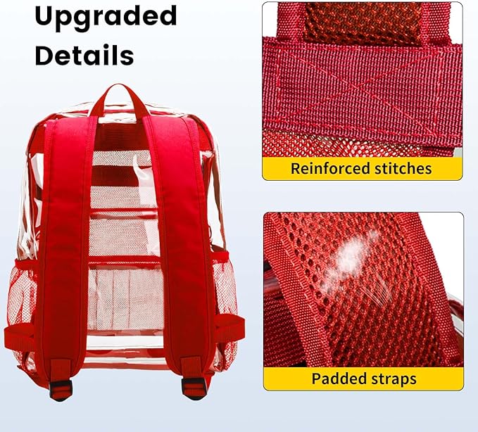 Vorspack Clear Backpack Heavy Duty PVC Transparent Backpack with Reinforced Strap Stitches & Large Capacity for College Workplace Security - Red