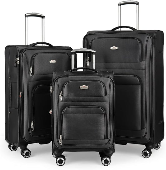 Softside Luggage Sets 3 Piece,Expandable Lightweight Durable Suitcase Sets Double Spinner Wheels w/Combination LOCK （20''/26''/30''）#Black