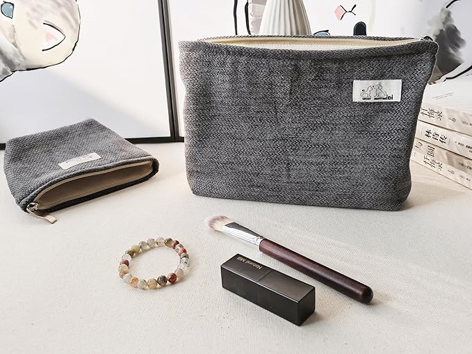 HAPPYHEIDI Large Gray Velvet Makeup Bag with Compartment Cosmetic Toiletry Travel Pouch,Purse Accessory Organizer, Canvas Lined