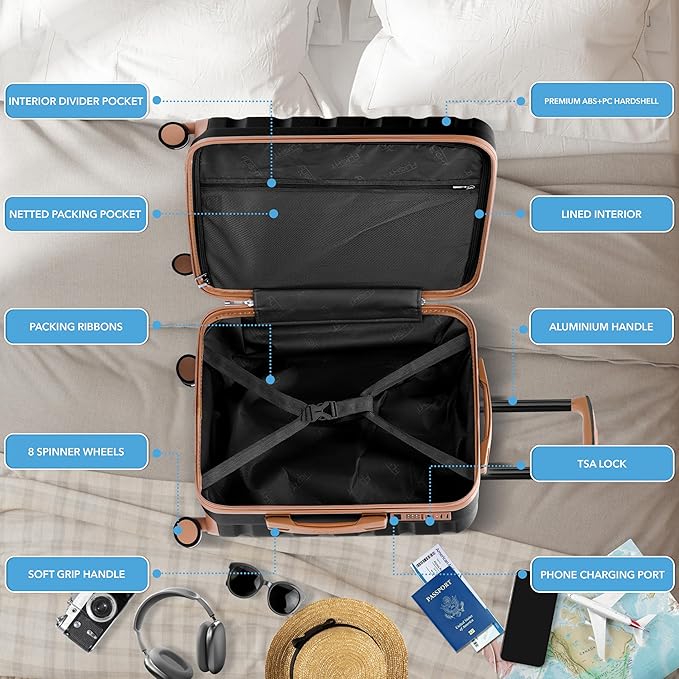 Flight Knight 24x16x10 Expandable Carry On Suitcase Hardside TSA Lock USB C Lightweight Luggage Silent Double Spinner Wheels Maximum Overhead Carry-On Bag For Virgin South West Approved Black/Tan