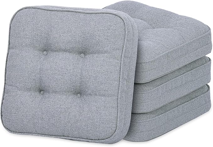 GOFORIT Chair Cushions Set of 4,Tufted Shredded Memory Foam Chair Pads, Non-Slip Seat Cushions with Removable Cover, 16'' x 16'', 4 Pack,Grey