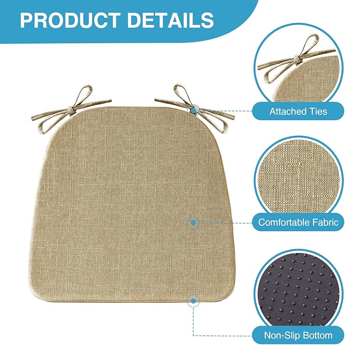 Chair Cushions for Dining Chairs Set of 6, Non Slip Kitchen Chair Pads, 17" x 16" x 2", Indoor Dining Chair Cushions with Ties, D-Shaped Seat Cushions for Kitchen Chairs, Khaki
