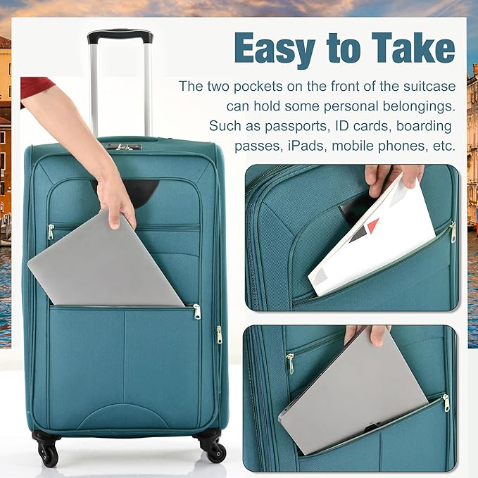3 Piece Softshell Expandable Luggage Sets with 2 Travel Bags, Lightweight Travel Suitcase Set with TSA Lock, 360°Swivel Spinner Wheels, Durable Softside Luggage for Men Women, 22/26/30 in, Green
