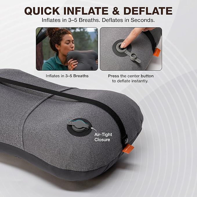 Inflatable Camping Pillow - Ultralight Compact Air Pillow for Travel, Backpacking & Hiking - Ergonomic Neck & Lumbar Support - Portable Inflatable Pillow with Removable Washable Cover - (Grey)