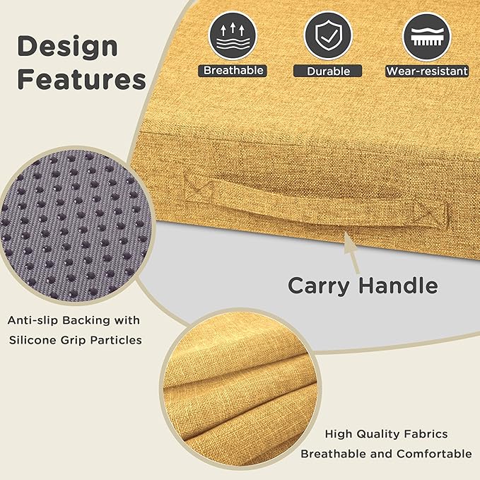 AddGrace Recliner Cushions for Elderly Thick Seat Cushion 20"x20"x4" Chair Pads with Non Slip Backing and Washable Cover for Couch Armchair Chairs Yellow