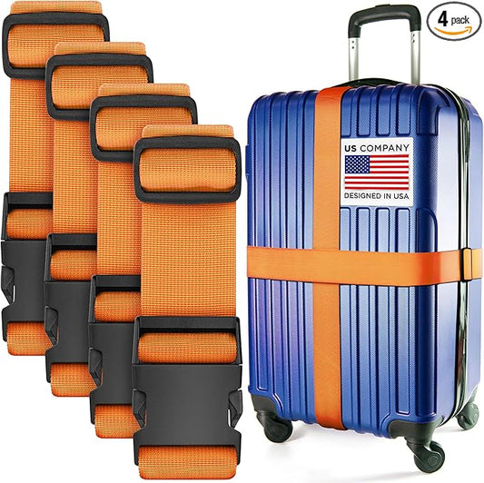 Luggage Straps for Suitcases - TSA Approved - Orange, 4 PK - Premium Nylon Belts for Suitcase, Briefcase & Travel Bag - Adjustable Strap Length 46" - 78"