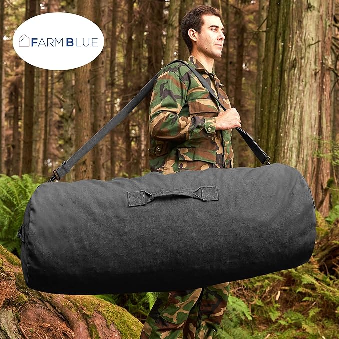 The BEST! GET the Farm Blue GI Zipper Duffel Bag - Enormous 30"x 50" XX Large Military Army Duffle w.Shouldr Strap- Best 4 summer camp, dorm laundry & moving-YKK Zips & 3 Grab Handls (Black, XX-Large)