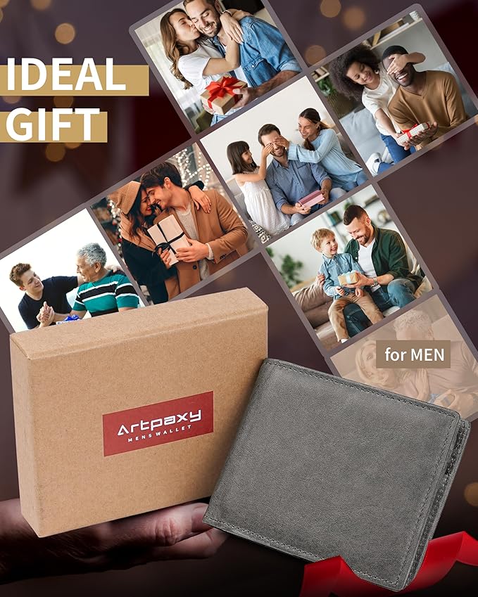 Artpaxy Mens Wallet Bifold Genuine Leather RFID Blocking Wallet for Men with 1 ID Windows 13 Card Holders 2 cash pockets 1 Gift Box