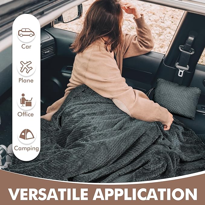 Tirrinia Travel Blanket and Pillow Set, Soft Compact Airplane Blanket with Foot Pockets, 4-in-1 Travel Essentials for Women Men, Portable Travel Gifts for Her, Travel Blanket for Airplanes, Cars