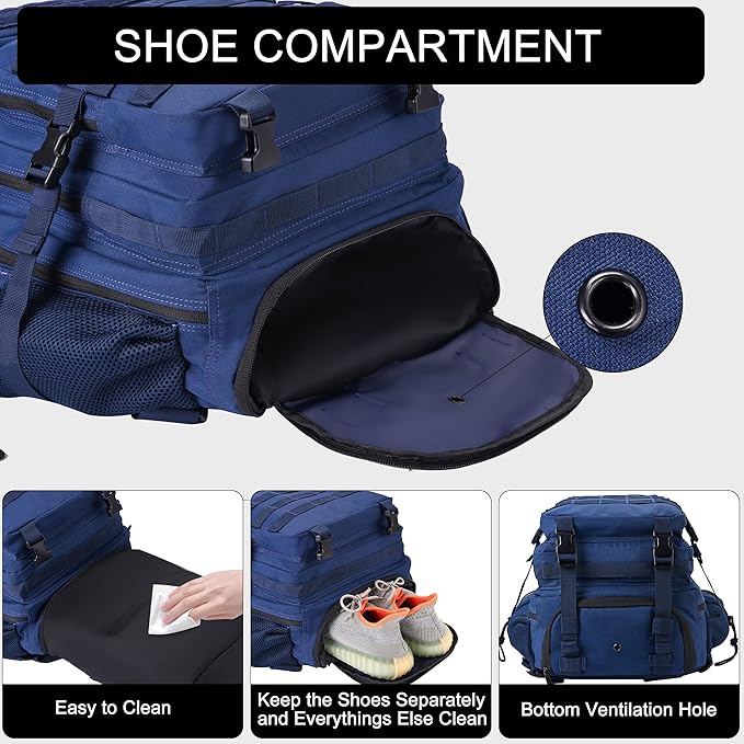 LHI Military Tactical Backpack for Men and Women 45L Army 3 Days Assault Pack Bag Large Rucksack with Shoe Compartment - Black and White