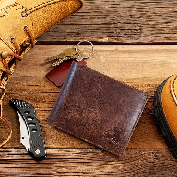 BULL GUARD Mens RFID Blocking Bifold Wallet Soft Genuine Leather Brown Western | Secure and Durable Extra Capacity Billfold with 11 Credit Cards, Flip Up ID