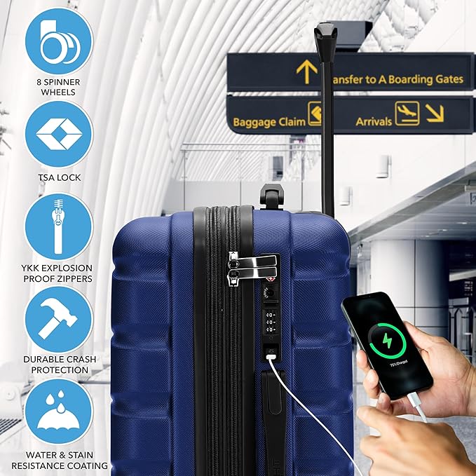 Flight Knight 22x14x9" Expandable Carry On Suitcase Hardside TSA Lock USB C Port Lightweight Luggage Silent Double Spinner Wheels Maximum Overhead Carry-On Bag For American & United Approved Airlines