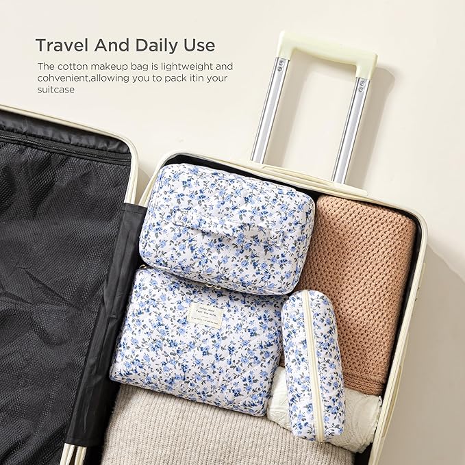HBselect Quilted Makeup Bag, 3PCS Cotton Large Travel Makeup Bag, Cute Floral Coquette Make up Bag Cosmetic Bag Toiletry Bag for Women Girls