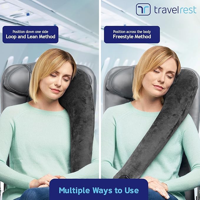 TRAVELREST All-in-One Travel Neck Support & Body Pillow - Airplane Pillow for Long Flight Comfort, Travel Essentials, Sleeping Accessories, Memory Foam, Headrest Support Seat for Car (Grey)
