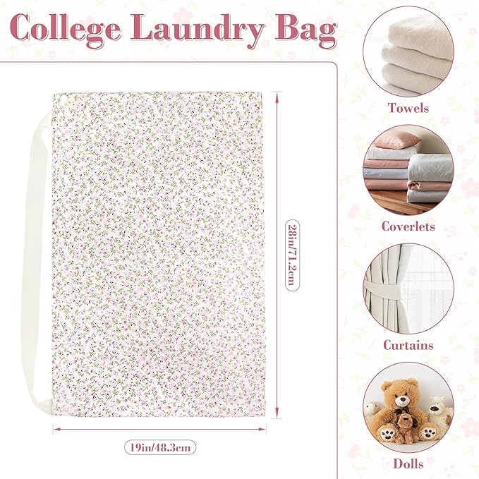 College Laundry Bag 29"×18", Waterproof Dirty Clothes Bag with Handles & Locking Drawstring, Large Capacity Floral Laundry Backpack for Dorm, Laundromat, Apartment, Travel & Camping (Pink)