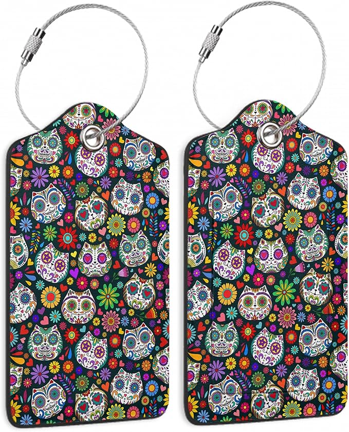 Sugar Skull Cat 2 Pack Luggage Tag for Suitcases Day of the Dead PU Leather Bag Travel Suitcase ID Identifier Baggage Tags for Women Men Travel