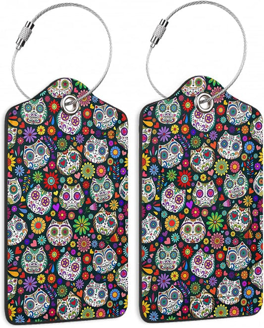 Sugar Skull Cat 2 Pack Luggage Tag for Suitcases Day of the Dead PU Leather Bag Travel Suitcase ID Identifier Baggage Tags for Women Men Travel