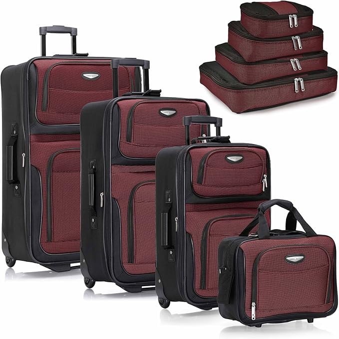 Travel Select Amsterdam Softside Expandable Luggage with Rolling Wheels, Red, 8-Piece Set (15/21/25/29) with Packing Cubes