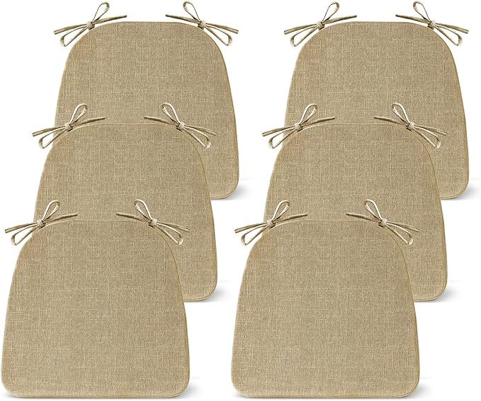 Chair Cushions for Dining Chairs Set of 6, Non Slip Kitchen Chair Pads, 17" x 16" x 2", Indoor Dining Chair Cushions with Ties, D-Shaped Seat Cushions for Kitchen Chairs, Khaki