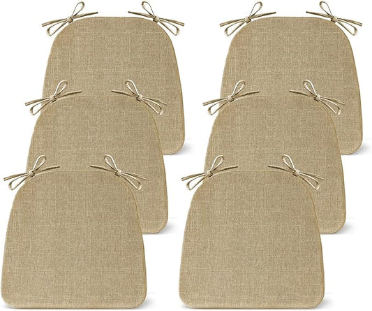 Chair Cushions for Dining Chairs Set of 6, Non Slip Kitchen Chair Pads, 17" x 16" x 2", Indoor Dining Chair Cushions with Ties, D-Shaped Seat Cushions for Kitchen Chairs, Khaki