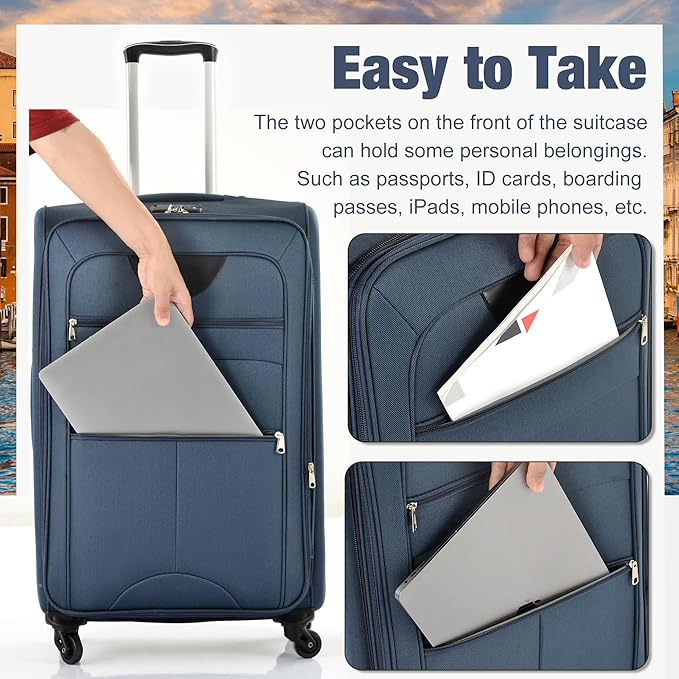 Dark Blue 5 Piece Softside Luggage Sets, Expandable Lightweight Suitcase Sets Double Softshell Spinner Wheels Travel Luggage Set for Women and Men